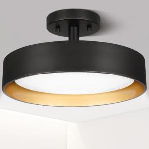 SunRider Semi Flush Mount Ceiling Lights, 12 Inch 25W LED Ceiling Light Fixture Black for Hallway Kitchen, Gold Inside, 5000K Daylight White, Dimmable