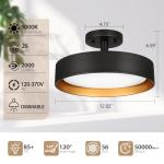 SunRider Semi Flush Mount Ceiling Lights, 12 Inch 25W LED Ceiling Light Fixture Black for Hallway Kitchen, Gold Inside, 5000K Daylight White, Dimmable