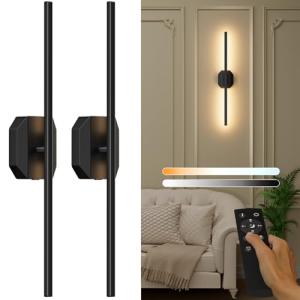 Battery Operated Wall Sconce Set of Two,Wireless Wall Sconces USB Rechargeable Wall Lights with Remote Control,3000K-6000K Dimmable for Bedroom,Background Wall,Living Room,Hallway,Wall Decor,28inch