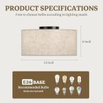 Vexagyle 13inch Semi Flush Mount Ceiling Light Fixture,3-Light Ceiling Mount Drum Light Fixture with Linen Shade,Modern Close to Ceiling Lamps for Living Room, Bedroom, Dining Room,Hallway
