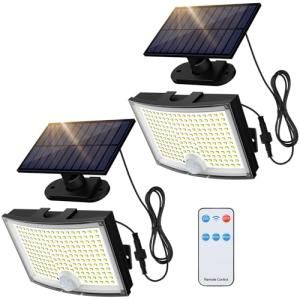 Adiding Solar Outdoor Lights, 202 LEDs Flood Lights with 16.4 ft Cable, Remote Control Solar Motion Sensor Outdoor Lights, 3 Modes Solar Powered Security Lights for Outside Patio, Yard, Garage, 2 Pack