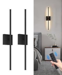 CASGAL Battery Operated Wall Sconce Set of 2, Dimmable Battery Wall Sconce with Remote Control,3000K-6500K LED Wireless Wall Light for Bedroom,Living Room, 26.6 Inch, Black(2 Pack)