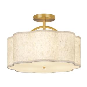 CALOKES Semi Flush Mount Ceiling Light, 16" Modern 3-Light Fixture with Petal-Shaped Beige Linen Shade and Golden Support Arm, Ideal for Bedroom, Kitchen, Living Room, Hallway, and Entryway