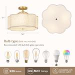 CALOKES Semi Flush Mount Ceiling Light, 16" Modern 3-Light Fixture with Petal-Shaped Beige Linen Shade and Golden Support Arm, Ideal for Bedroom, Kitchen, Living Room, Hallway, and Entryway