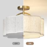 CALOKES Semi Flush Mount Ceiling Light, 16" Modern 3-Light Fixture with Petal-Shaped Beige Linen Shade and Golden Support Arm, Ideal for Bedroom, Kitchen, Living Room, Hallway, and Entryway