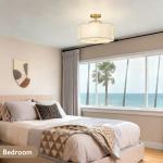 CALOKES Semi Flush Mount Ceiling Light, 16" Modern 3-Light Fixture with Petal-Shaped Beige Linen Shade and Golden Support Arm, Ideal for Bedroom, Kitchen, Living Room, Hallway, and Entryway