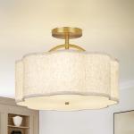 CALOKES Semi Flush Mount Ceiling Light, 16" Modern 3-Light Fixture with Petal-Shaped Beige Linen Shade and Golden Support Arm, Ideal for Bedroom, Kitchen, Living Room, Hallway, and Entryway