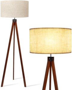 LEPOWER Wood Tripod Floor Lamp, Mid Century Standing Lamp, Modern Design Studying Light for Living Room, Bedroom, Study Room and Office, Flaxen Lamp Shade with E26 Base Brown