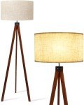 LEPOWER Wood Tripod Floor Lamp, Mid Century Standing Lamp, Modern Design Studying Light for Living Room, Bedroom, Study Room and Office, Flaxen Lamp Shade with E26 Base Brown