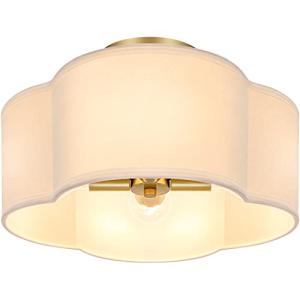 4-Light 14.4'' Semi Flush Mount Ceiling Light Fixture, Gold Modern Close to Ceiling Lamp with White Fabric Shade, Farmhouse Bright Lighting Brass Finish for Nursery Kids Room Bedroom Hallway Entryway
