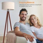 LEPOWER Wood Tripod Floor Lamp, Mid Century Standing Lamp, Modern Design Studying Light for Living Room, Bedroom, Study Room and Office, Flaxen Lamp Shade with E26 Base Brown