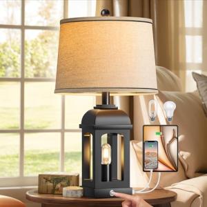 QiMH Table Lamp for Living Room, Farmhouse Lamps with USB A+C and Nightlight, 26" Rustic Bedside Lamps with 3-Way Dimmable Touch Control, Nightstand Lamp for Bedroom, Black, 1 Pack
