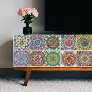 Colorful Mandala Style Crystal Hard Film Tile Sticker Kitchen Bathroom Floor Home Decoration Self-adhesive Waterproof Wallpaper