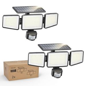 Philips Solar Security Light Outdoor 302 LED 1200lm，Solar-Powered Waterproof Wall-Mounted Flood Light w/PIR Motion Sensor, 3 Heads, IP65 Waterproof, 3 Modes (2 Packs)