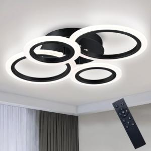 XIEYOR Modern LED Ceiling Light with Remote, 3000K-6500K Dimmable Flush Mount Ceiling Lamp 4-Ring Round Chandelier Design for Bedroom, Kitchen, or Small Rooms(Black)