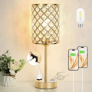 Hong-in Gold Lamps for Night Stands-Crystal Table Lamp with USB-C+A & AC Charging Ports, 3-Way Dimmable Nightstand Touch Lamp, Bedside Desk lamp for Bedroom Living Room Home Office