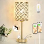Hong-in Gold Lamps for Night Stands-Crystal Table Lamp with USB-C+A & AC Charging Ports, 3-Way Dimmable Nightstand Touch Lamp, Bedside Desk lamp for Bedroom Living Room Home Office