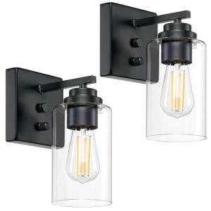 Loyareal Wall Sconces Set of Two, Wall Mounted Bedside Lamps with Rotary Switch, Matte Black Sconces Wall Lighting, Bathroom Light Fixtures with Clear Glass Shade, Wall Lights for Bedroom Living Room