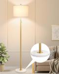【Upgraded】Dimmable Gold Floor Lamps for Living Room, 11W LED Bulb Included, Modern Standing Lamp with Marble Base, Tall Pole Light with White Linen Shade for Bedroom Reading Office Corner Nursery