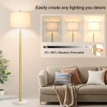 【Upgraded】Dimmable Gold Floor Lamps for Living Room, 11W LED Bulb Included, Modern Standing Lamp with Marble Base, Tall Pole Light with White Linen Shade for Bedroom Reading Office Corner Nursery