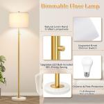 【Upgraded】Dimmable Gold Floor Lamps for Living Room, 11W LED Bulb Included, Modern Standing Lamp with Marble Base, Tall Pole Light with White Linen Shade for Bedroom Reading Office Corner Nursery