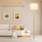 【Upgraded】Dimmable Gold Floor Lamps for Living Room, 11W LED Bulb Included, Modern Standing Lamp with Marble Base, Tall Pole Light with White Linen Shade for Bedroom Reading Office Corner Nursery