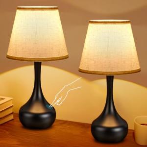 FAISHILAN Touch Table Lamp for Bedroom Set of 2, Farmhouse 3-Way Dimmable Table Lamps for Nightstand with Fabric Shade, Lamps for Living Room，Desk Lamps for Home Office, Black Lamp for Bedroom