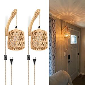 Frideko Plug in Wall Sconces Set of Two Hand Woven Lamp with Cord Rattan Lights Farmhouse Sconce Mounted Light Boho Lighting for Bedroom Living Room