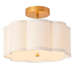 Bargeni Semi Flush Mount Ceiling Light,13 inch Modern Ceiling Light Fixture,Gold Light Fixtures Ceiling Mount with Flower-Shaped Fabric Shade, Flush Mount Light Fixture for Bedroom,Living Room,Hallway