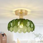 Shenmoyl Semi Flush Mount Gold Vintage Lights Fixture with Green Peony Glass, Bulb Included, 4.72" Base Modern Ceiling Light for Kitchen, Bedroom