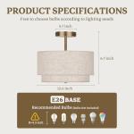 Semi Flush Mount Ceiling Light Fixture,12.6'' Gold Light Fixtures Ceiling Mount, Modern Close to Ceiling Light with 2-Layer Linen Shade,Farmhouse Drum Ceiling Light for Bedroom Hallway Living Room