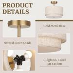 Semi Flush Mount Ceiling Light Fixture,12.6'' Gold Light Fixtures Ceiling Mount, Modern Close to Ceiling Light with 2-Layer Linen Shade,Farmhouse Drum Ceiling Light for Bedroom Hallway Living Room