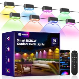 SMAVISTA Outdoor Deck Lights 16 Packs, Smart RGBCW Fence Light, 100+ Scene Modes, Dual Lens LED String Lights with APP/Voice/Remote Control, IP65 Waterproof for Halloween Christmas Decor, 105ft Black