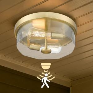 Luminzone Motion Sensor Ceiling Light Indoor, 2-Light Hallway Lighting Fixtures with Motion Sensor Flush Mount, Modern Farmhouse Ceiling Lamp Clear Glass for Kitchen Porch Entryway Brushed Gold
