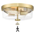 Luminzone Motion Sensor Ceiling Light Indoor, 2-Light Hallway Lighting Fixtures with Motion Sensor Flush Mount, Modern Farmhouse Ceiling Lamp Clear Glass for Kitchen Porch Entryway Brushed Gold