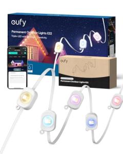 eufy Permanent Outdoor Lights E22, 150ft with 90 Triple-LED Lights, Smart RGBWW, Daily and Holiday, Up to IP67 Waterproof, AI Lighting Themes for Halloween, Christmas, Links with Cameras, White
