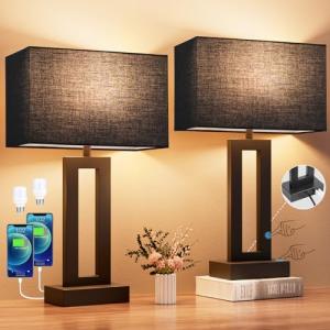 Seealle Nightstand Table Lamps for Bedrooms Set of 2 - Touch Bedside Lamp with USB C+A, 3 Way Dimmable Living Room End Tables 2, Modern Night Stand Bed Side Guest Room(Black) E. Black