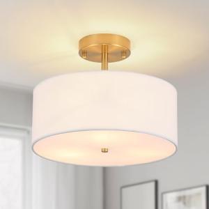 Febeleven 3-Light Semi Flush Mount Ceiling Light Modern Gold Drum Light Fixtures with White Fabric Cover Shade Round Chandelier for Bedroom Living Room Kitchen and Hallway