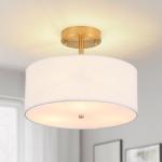 Febeleven 3-Light Semi Flush Mount Ceiling Light Modern Gold Drum Light Fixtures with White Fabric Cover Shade Round Chandelier for Bedroom Living Room Kitchen and Hallway