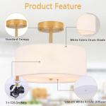 Febeleven 3-Light Semi Flush Mount Ceiling Light Modern Gold Drum Light Fixtures with White Fabric Cover Shade Round Chandelier for Bedroom Living Room Kitchen and Hallway
