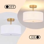 Febeleven 3-Light Semi Flush Mount Ceiling Light Modern Gold Drum Light Fixtures with White Fabric Cover Shade Round Chandelier for Bedroom Living Room Kitchen and Hallway