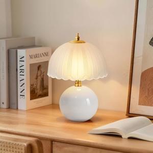 PARTPHONER Mushroom Table Lamp, Ceramic Bedside Lamp with Glass Shade, 3-Way Lighting (2700K-5000K) Rocker Switch, Small Nightstand Lamp for Bedroom, Living Room, Office, White
