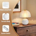 PARTPHONER Mushroom Table Lamp, Ceramic Bedside Lamp with Glass Shade, 3-Way Lighting (2700K-5000K) Rocker Switch, Small Nightstand Lamp for Bedroom, Living Room, Office, White
