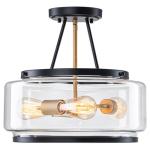 Kunlinzhu 15.7" Black and Gold Semi Flush Mount Ceiling Light Fixture 3 Light,Drum Modern Glass Ceiling Light Fixtures for Bedroom,Entryway,Hallway,Kithcen,Dining Room,Bathroom