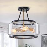Kunlinzhu 15.7" Black and Gold Semi Flush Mount Ceiling Light Fixture 3 Light,Drum Modern Glass Ceiling Light Fixtures for Bedroom,Entryway,Hallway,Kithcen,Dining Room,Bathroom
