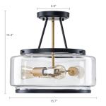 Kunlinzhu 15.7" Black and Gold Semi Flush Mount Ceiling Light Fixture 3 Light,Drum Modern Glass Ceiling Light Fixtures for Bedroom,Entryway,Hallway,Kithcen,Dining Room,Bathroom