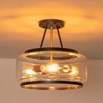 Kunlinzhu 15.7" Black and Gold Semi Flush Mount Ceiling Light Fixture 3 Light,Drum Modern Glass Ceiling Light Fixtures for Bedroom,Entryway,Hallway,Kithcen,Dining Room,Bathroom