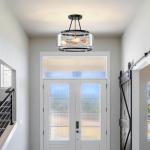 Kunlinzhu 15.7" Black and Gold Semi Flush Mount Ceiling Light Fixture 3 Light,Drum Modern Glass Ceiling Light Fixtures for Bedroom,Entryway,Hallway,Kithcen,Dining Room,Bathroom