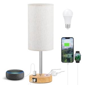 Fenmzee Touch Table Lamp - Cream, 3-Way Dimmable, USB A + C Charging, AC Outlet, 17.4inch Medium, Wood Grain Base
