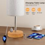 Fenmzee Touch Table Lamp - Cream, 3-Way Dimmable, USB A + C Charging, AC Outlet, 17.4inch Medium, Wood Grain Base